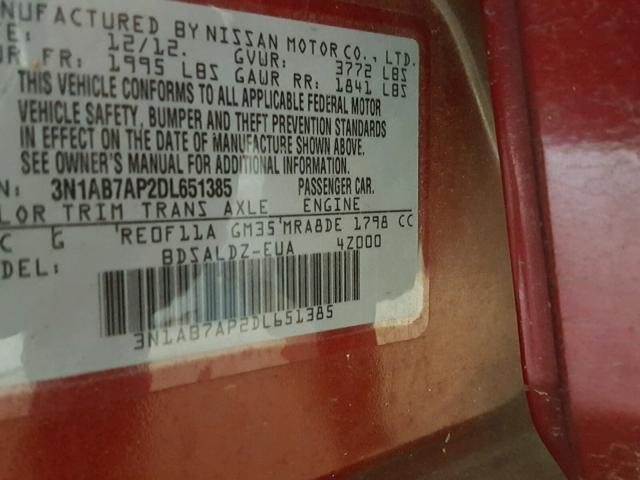 3N1AB7AP2DL651385 - 2013 NISSAN SENTRA S RED photo 10