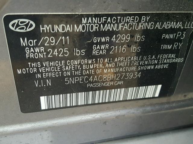 5NPEC4AC8BH273934 - 2011 HYUNDAI SONATA SE GRAY photo 10