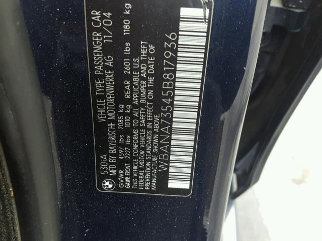 WBANA73545B817936 - 2005 BMW 530 I BLUE photo 10