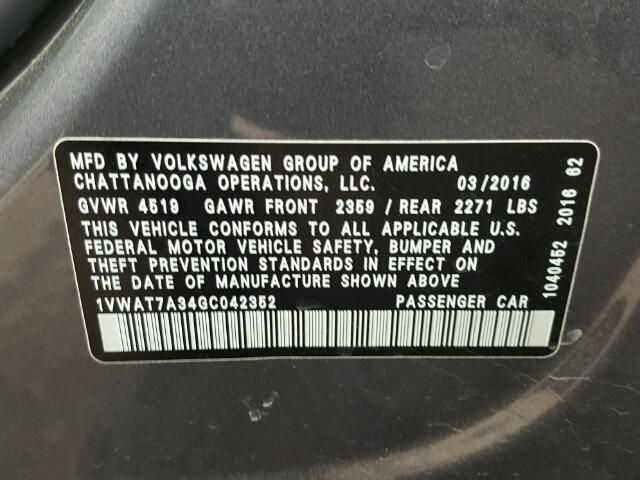 1VWAT7A34GC042352 - 2016 VOLKSWAGEN PASSAT S CHARCOAL photo 10