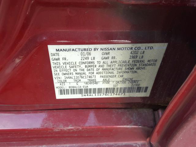 1N4AL11E76C174673 - 2006 NISSAN ALTIMA S MAROON photo 10