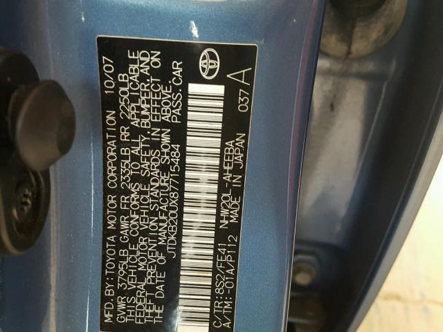 JTDKB20UX87715484 - 2008 TOYOTA PRIUS BLUE photo 10