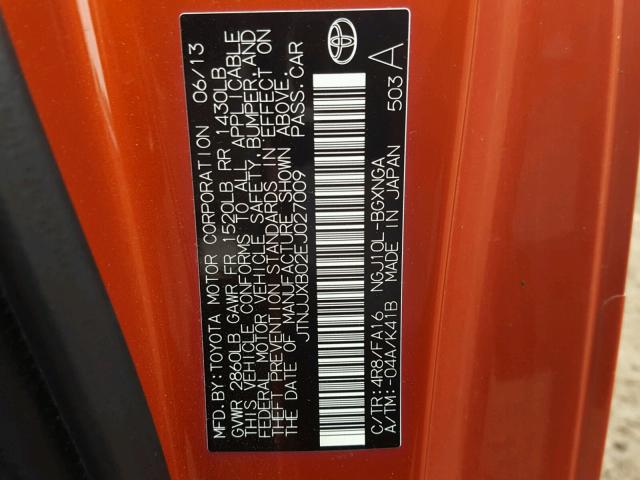 JTNJJXB02EJ027009 - 2014 TOYOTA SCION IQ ORANGE photo 10