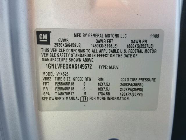 1GNLVFEDXAS149672 - 2010 CHEVROLET TRAVERSE L SILVER photo 10