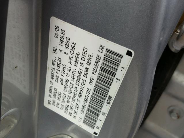 1HGCM56106A097316 - 2006 HONDA ACCORD SILVER photo 10