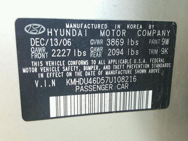 KMHDU46D57U108216 - 2007 HYUNDAI ELANTRA GOLD photo 10