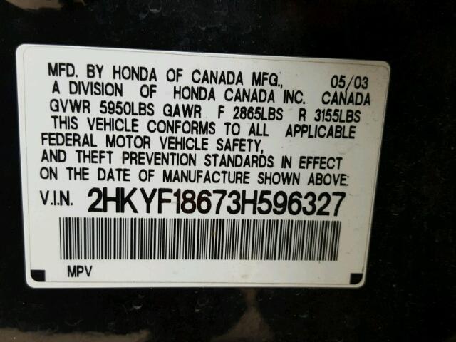 2HKYF18673H596327 - 2003 HONDA PILOT EXL BLACK photo 10