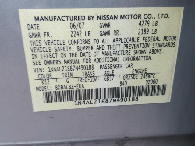 1N4AL21E87N490188 - 2007 NISSAN ALTIMA 2.5 GRAY photo 10