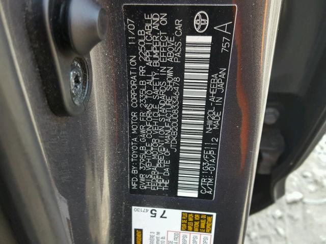 JTDKB20U083346478 - 2008 TOYOTA PRIUS GRAY photo 10