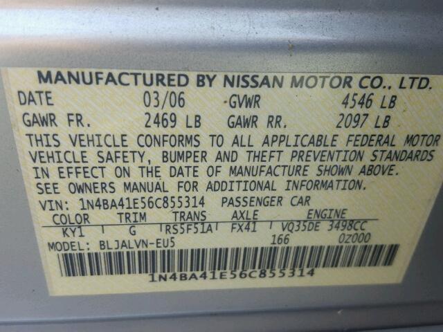 1N4BA41E56C855314 - 2006 NISSAN MAXIMA SILVER photo 10