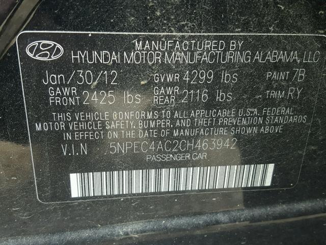 5NPEC4AC2CH463942 - 2012 HYUNDAI SONATA SE BLACK photo 10