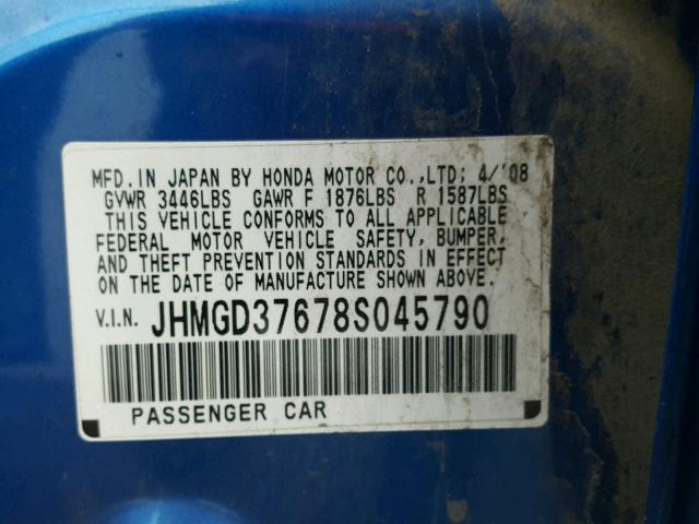 JHMGD37678S045790 - 2008 HONDA FIT SPORT BLUE photo 10