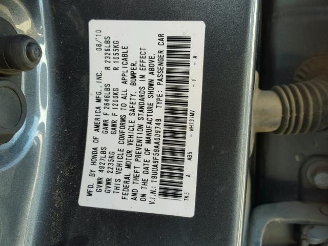 19UUA9F59AA009749 - 2010 ACURA TL SILVER photo 10