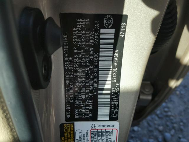 4T1BK36B86U147600 - 2006 TOYOTA AVALON TAN photo 10