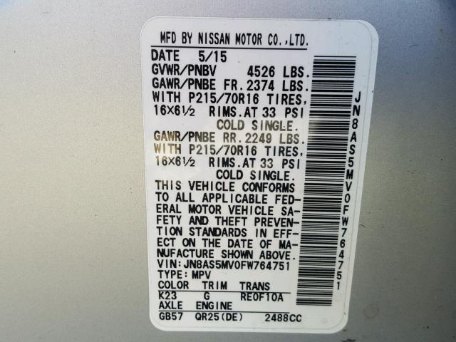 JN8AS5MV0FW764751 - 2015 NISSAN ROGUE SELE SILVER photo 10