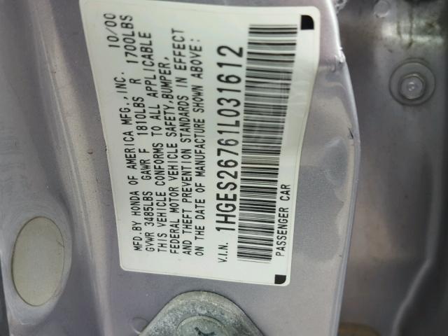 1HGES26761L031612 - 2001 HONDA CIVIC EX Qəhvəyi foto 10