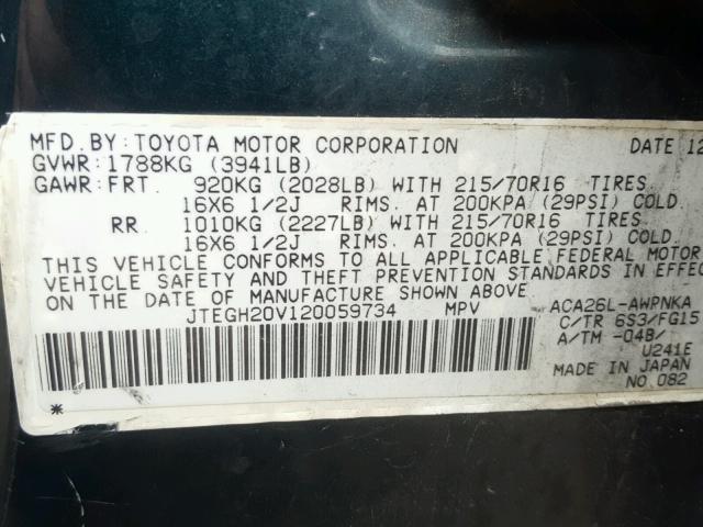 JTEGH20V120059734 - 2002 TOYOTA RAV4 GREEN photo 10