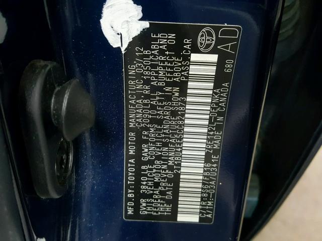 2T1BU4EE5CC821873 - 2012 TOYOTA COROLLA BA BLUE photo 10