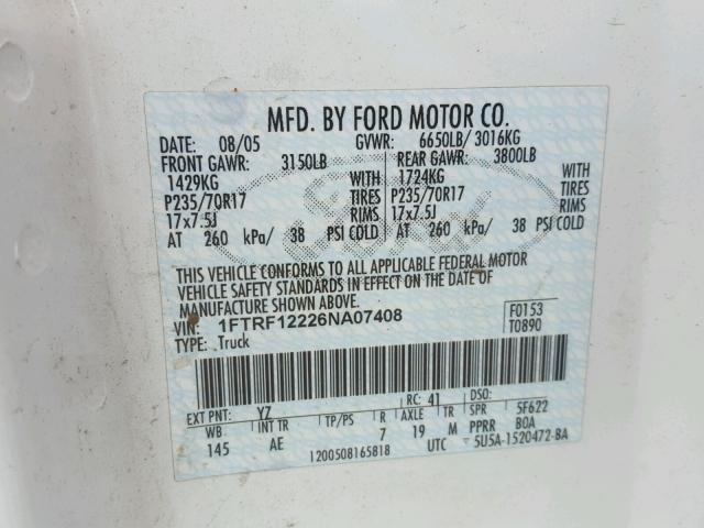 1FTRF12226NA07408 - 2006 FORD F150 WHITE photo 10