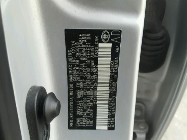 2T1BURHEXFC332902 - 2015 TOYOTA COROLLA L SILVER photo 10