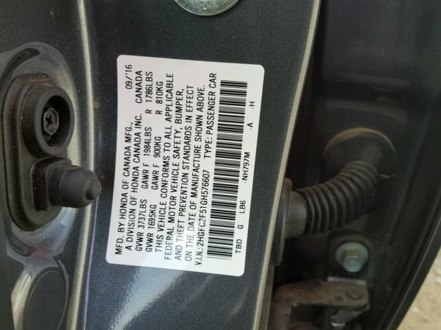 2HGFC2F51GH576607 - 2016 HONDA CIVIC LX CHARCOAL photo 10