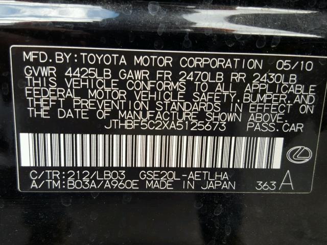 JTHBF5C2XA5125673 - 2010 LEXUS IS 250 BLACK photo 10