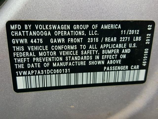 1VWAP7A31DC060131 - 2013 VOLKSWAGEN PASSAT S فضي صورة 10