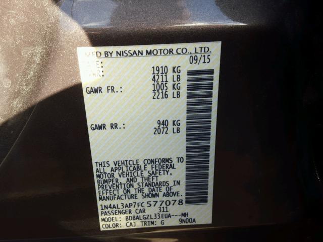 1N4AL3AP7FC577078 - 2015 NISSAN ALTIMA 2.5 CHARCOAL photo 10