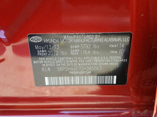 5NPDH4AE7DH345563 - 2013 HYUNDAI ELANTRA GL RED photo 10