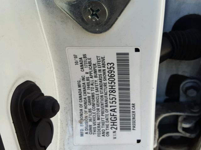 2HGFA15578H506953 - 2008 HONDA CIVIC LX WHITE photo 10