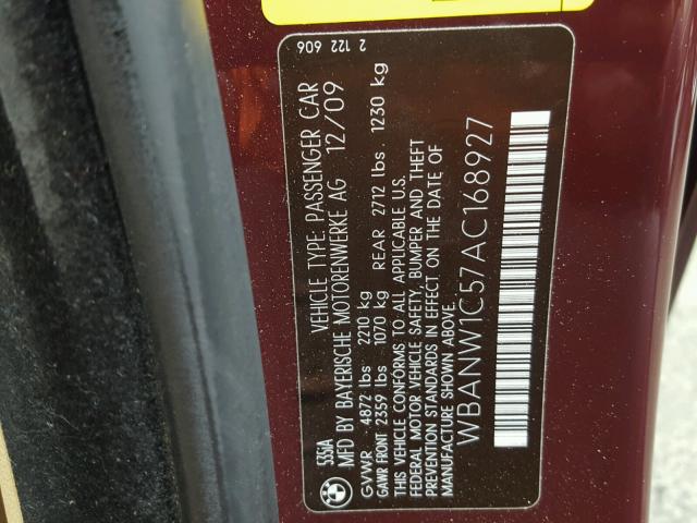 WBANW1C57AC168927 - 2010 BMW 535 I BURGUNDY photo 10