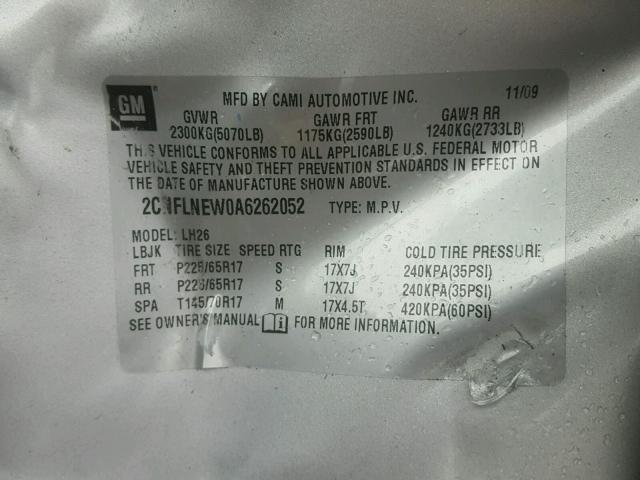 2CNFLNEW0A6262052 - 2010 CHEVROLET EQUINOX LT SILVER photo 10