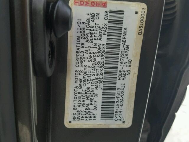 JTDBE32K820039223 - 2002 TOYOTA CAMRY LE ნაცრისფერი ფოტო 10