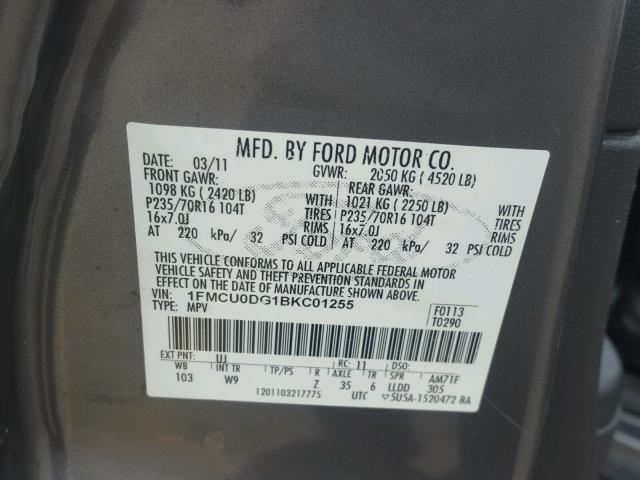 1FMCU0DG1BKC01255 - 2011 FORD ESCAPE XLT GRAY photo 10