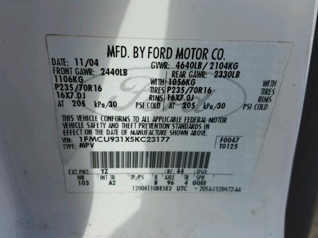 1FMCU931X5KC23177 - 2005 FORD ESCAPE XLT WHITE photo 10