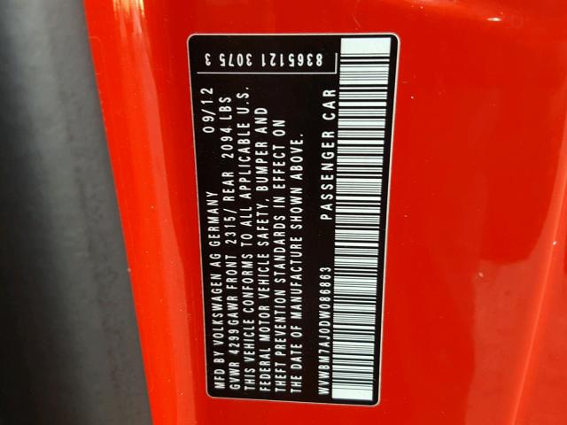 WVWBM7AJ0DW086863 - 2013 VOLKSWAGEN GOLF 红色 照片 10