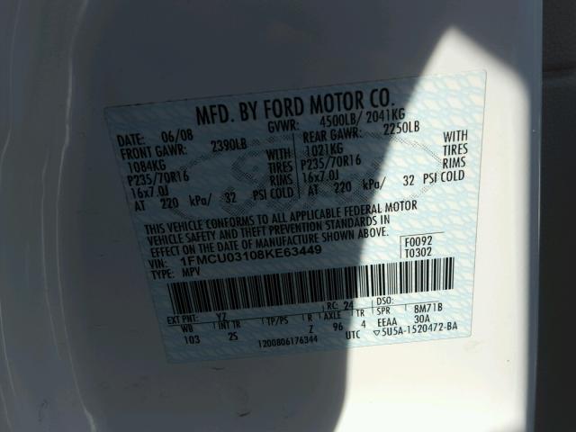 1FMCU03108KE63449 - 2008 FORD ESCAPE XLT WHITE photo 10