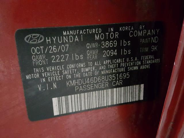 KMHDU46D68U351695 - 2008 HYUNDAI ELANTRA RED photo 10