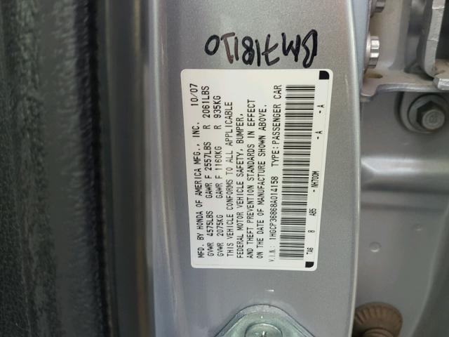 1HGCP36868A014158 - 2008 HONDA ACCORD EXL SILVER photo 10