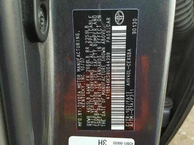 4T1BB46K58U044398 - 2008 TOYOTA CAMRY GRAY photo 10