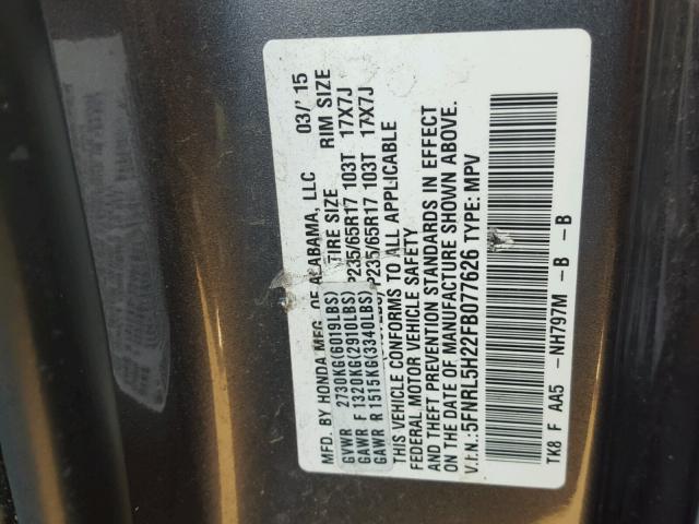 5FNRL5H22FB077626 - 2015 HONDA ODYSSEY LX GRAY photo 10