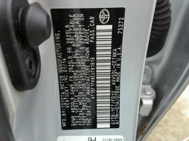 4T1BF1FK8EU781819 - 2014 TOYOTA CAMRY L SILVER photo 10