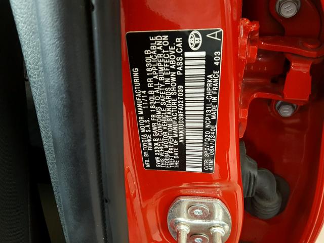 VNKKTUD39FA027039 - 2015 TOYOTA YARIS RED photo 10