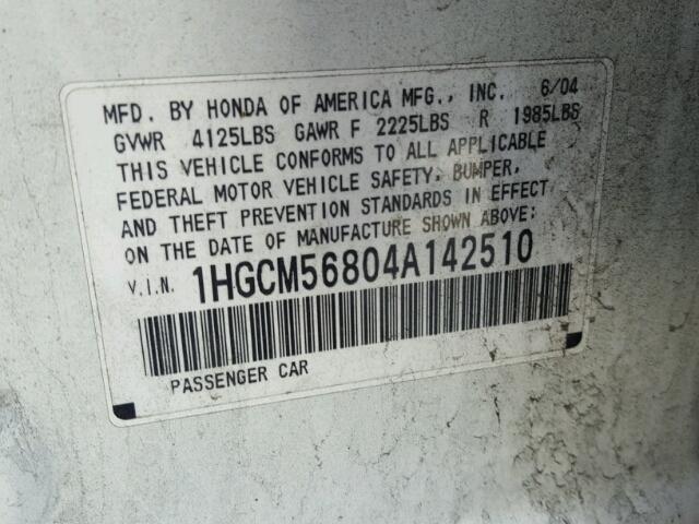 1HGCM56804A142510 - 2004 HONDA ACCORD EX WHITE photo 10