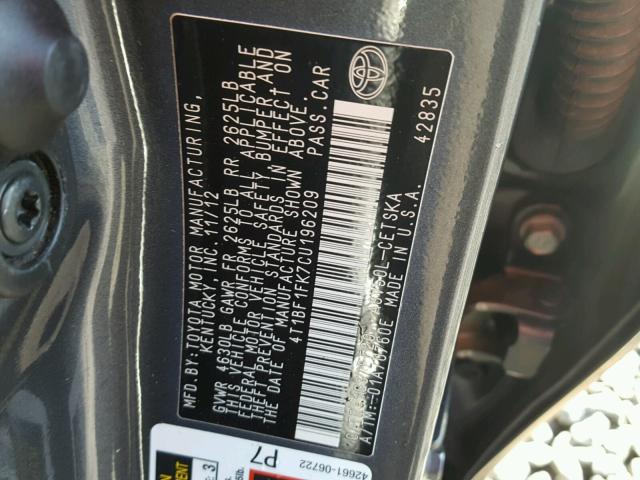 4T1BF1FK7CU196209 - 2012 TOYOTA CAMRY BASE BLACK photo 10