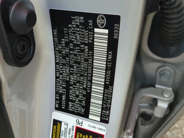 4T4BF1FK9DR296514 - 2013 TOYOTA CAMRY L SILVER photo 10