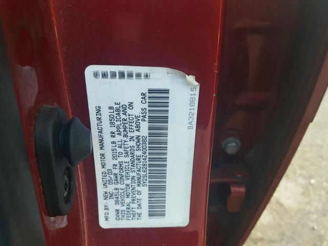 5Y2SL62814Z400382 - 2004 PONTIAC VIBE RED photo 10