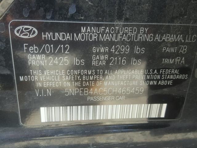 5NPEB4AC5CH465459 - 2012 HYUNDAI SONATA GLS BLACK photo 10