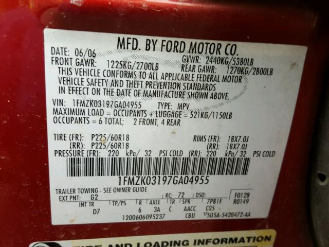 1FMZK03197GA04955 - 2007 FORD FREESTYLE RED photo 10