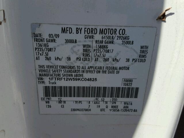 1FTRF12W59KC04825 - 2009 FORD F150 WHITE photo 10